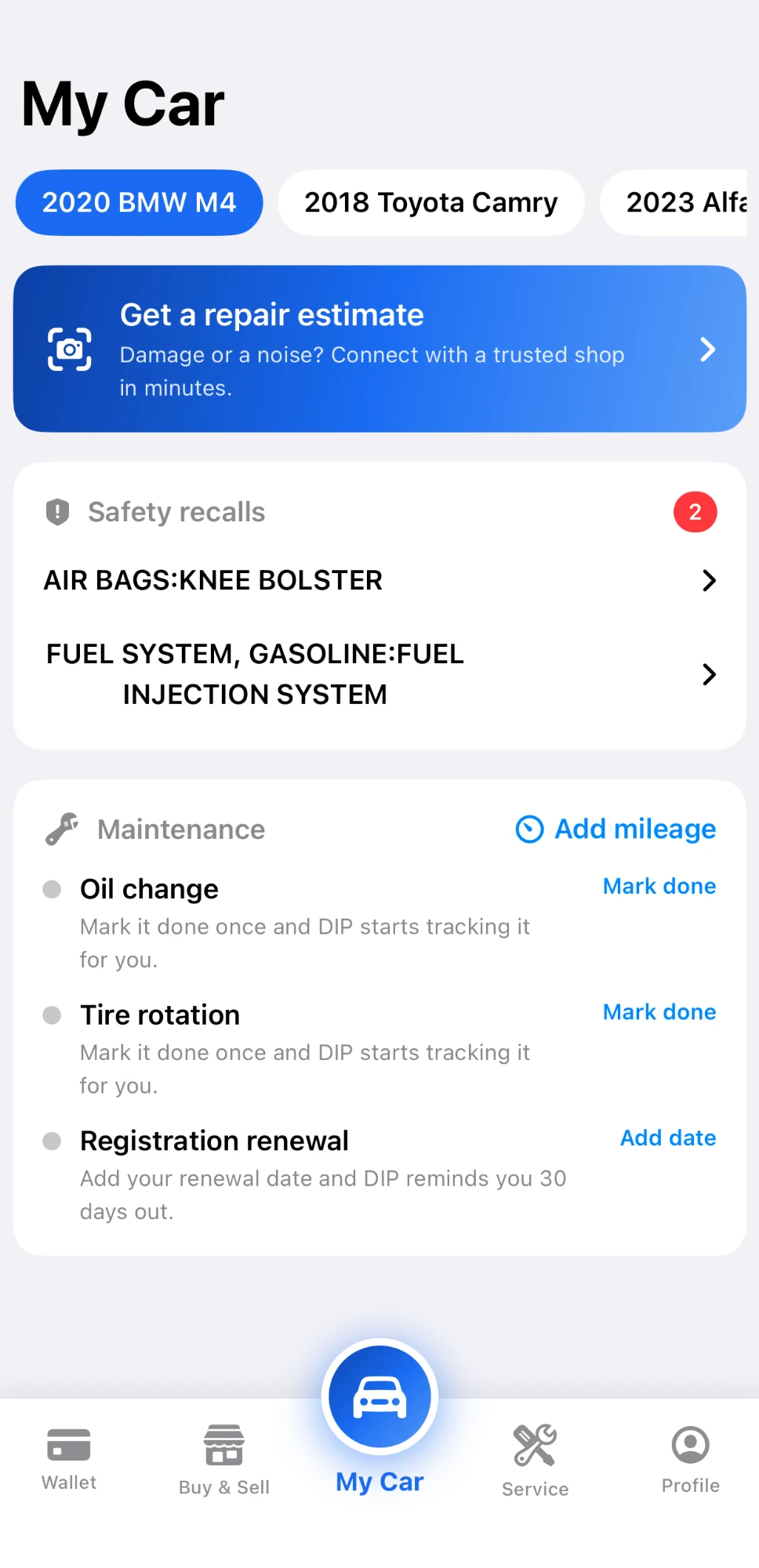 DIP app — My Car: safety recalls and maintenance